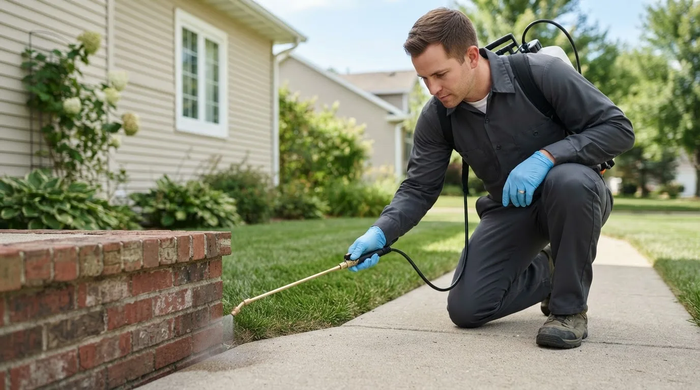 Pest control technician treating a home near Iron River, MI
