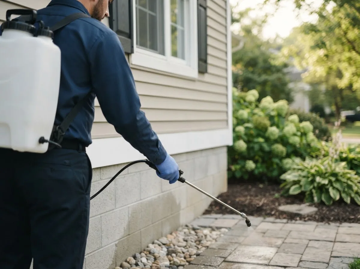 Pest control technician inspecting a home in Iron River, MI